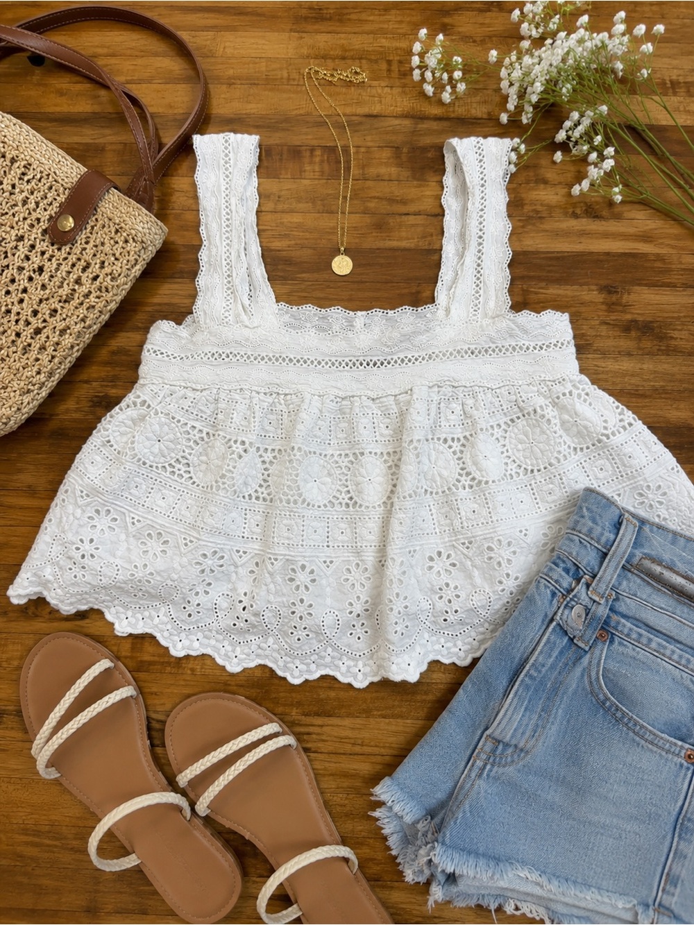 MABLE white 100% cotton boho eyelet ruffled blouse, size Small (m)